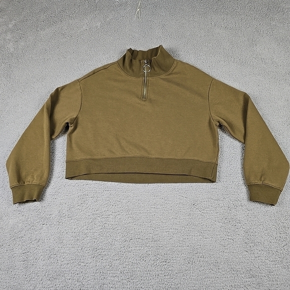 Divided Tops - Divided Top Womens Green 1/4 Zip Long Sleeve Cropped Sweatshirt Soft Fleece Sz S
